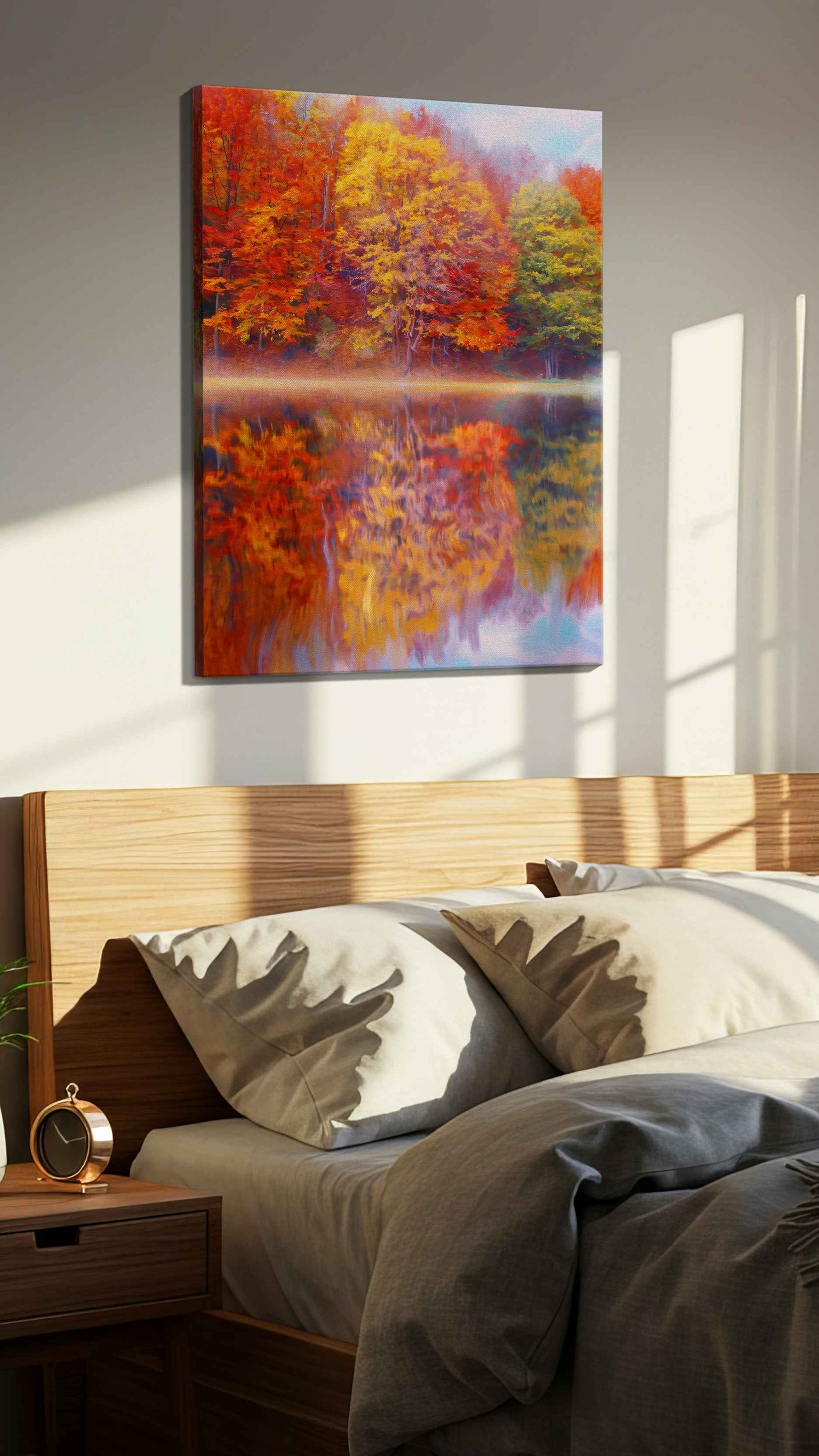 Reflections of Autumn Bliss autumn canvas print, displayed in a bedroom