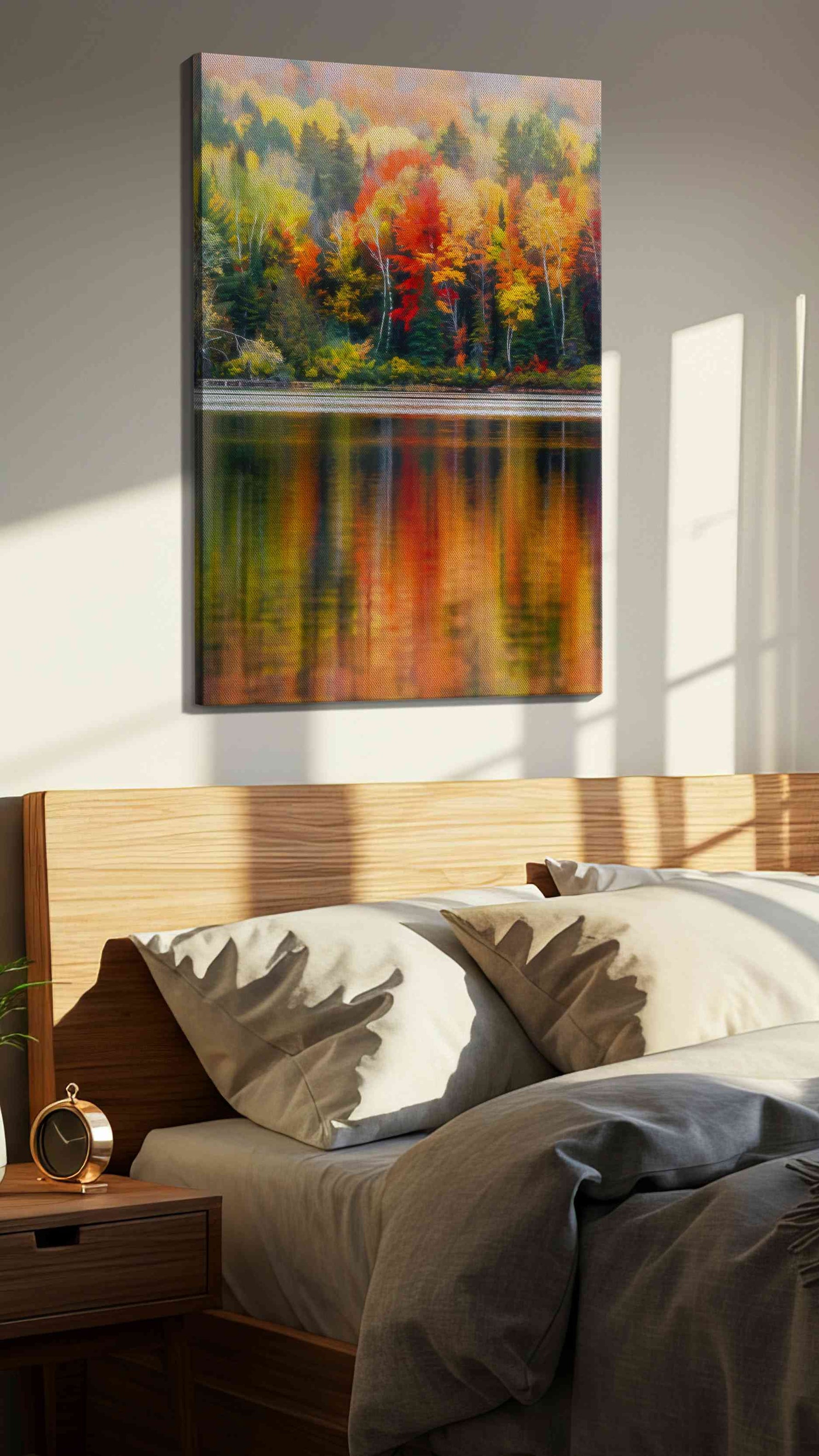Reflections of Autumn Symphony landscape canvas print, displayed in a bedroom