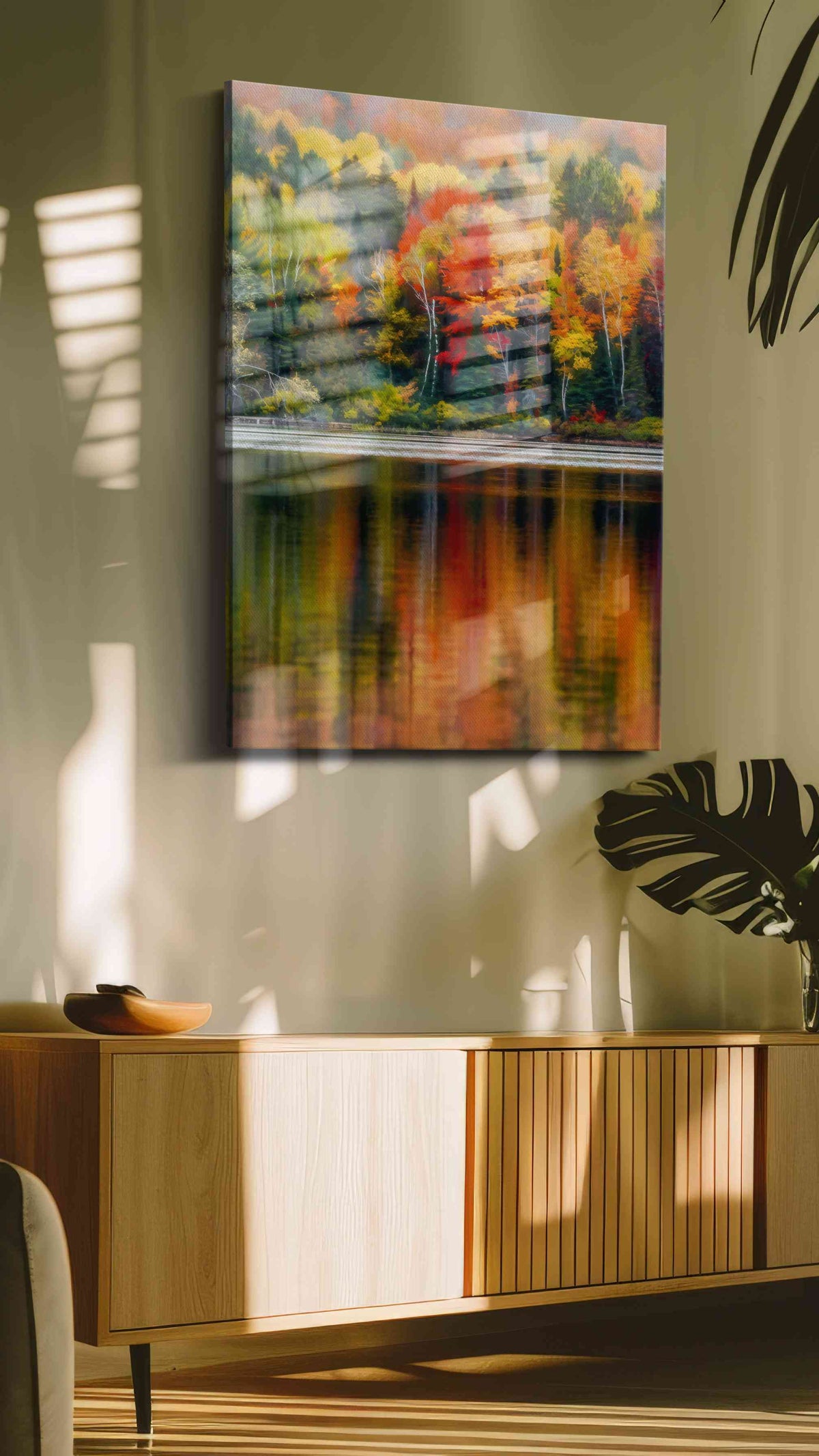Reflections of Autumn Symphony landscape canvas print, hanging on wall — in a hung canvas mockup