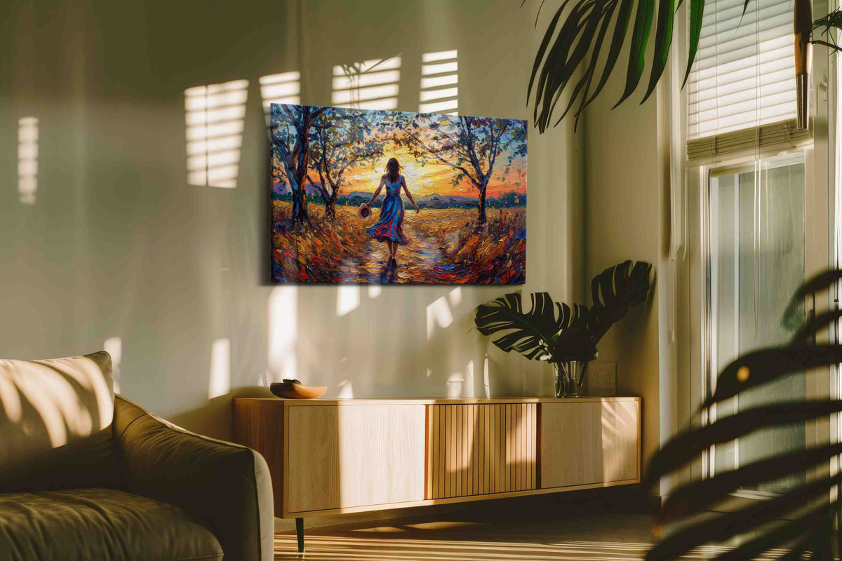 Sunset Stroll Through Autumn Dreams romance canvas print, displayed in a living room