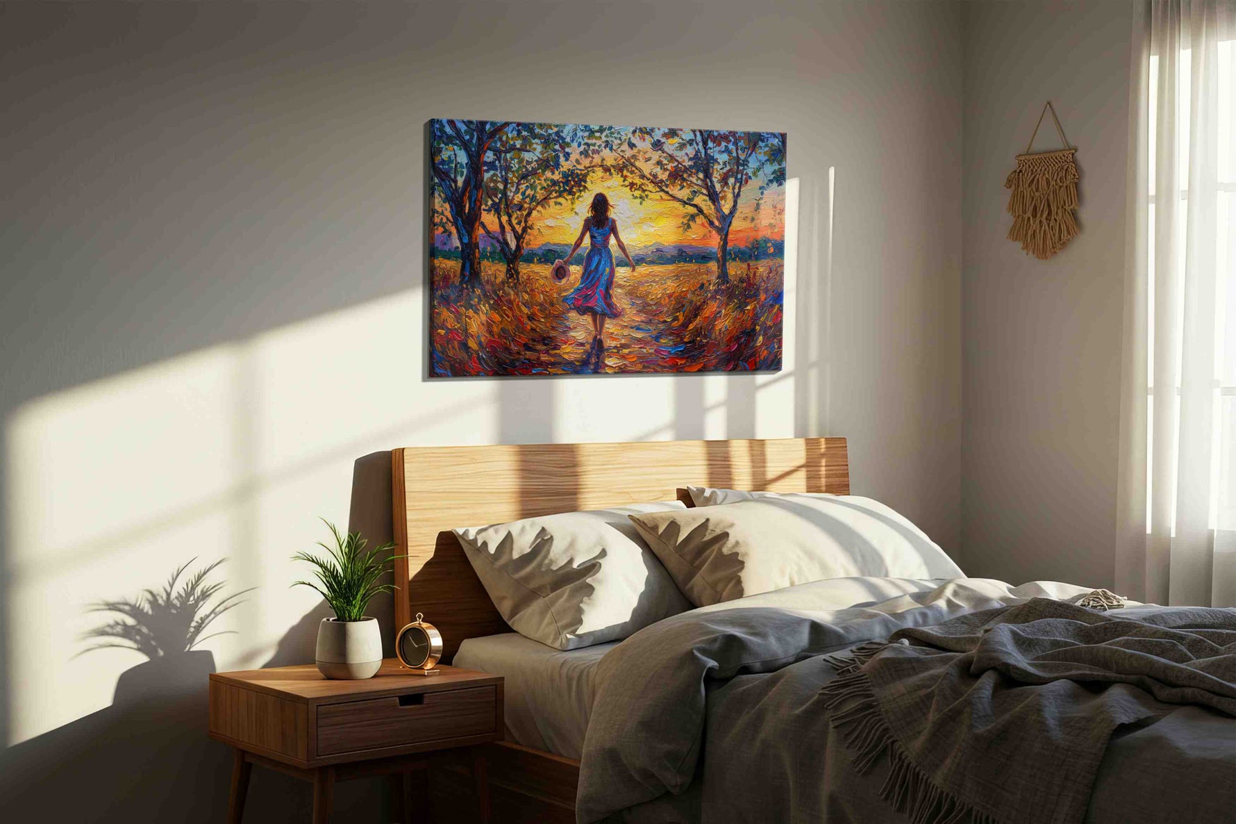 Sunset Stroll Through Autumn Dreams romance canvas print, displayed in a bedroom
