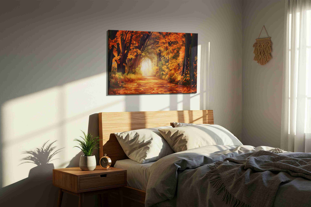 Whispering Autumn Pathway autumn canvas print, displayed in a bedroom