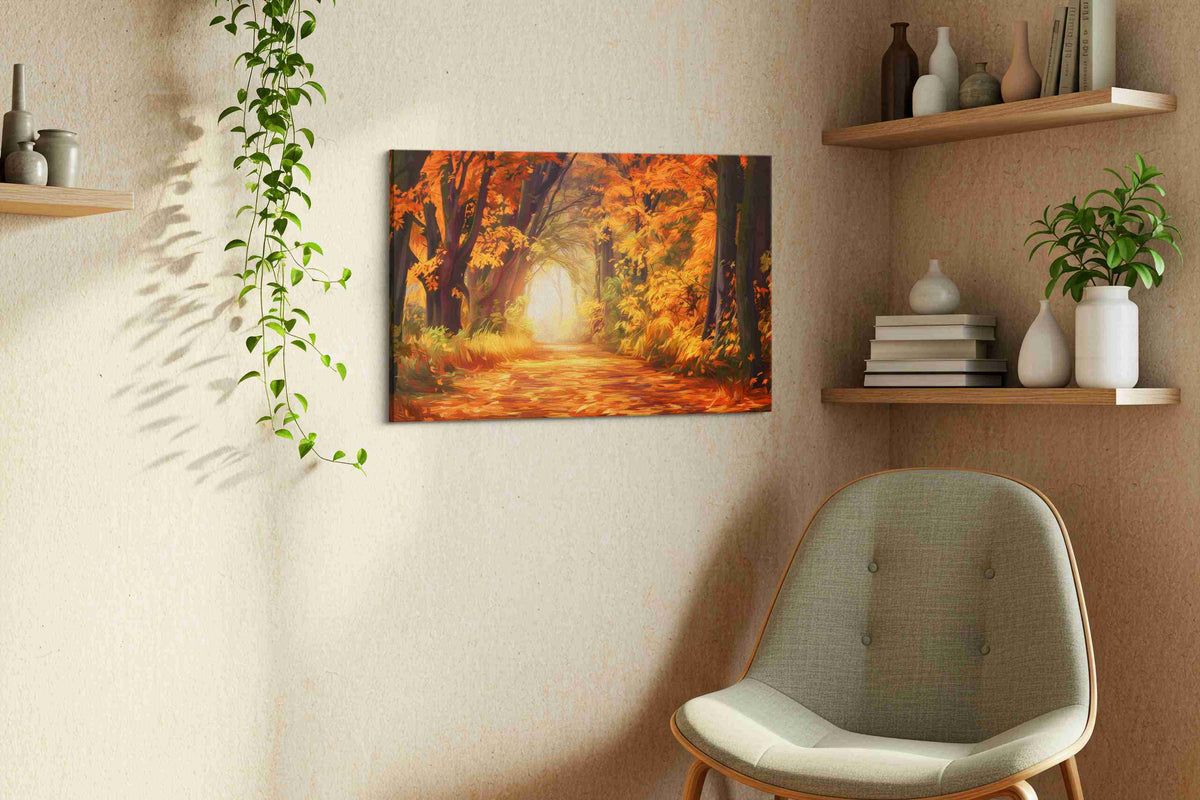 Whispering Autumn Pathway autumn canvas print, displayed in a living room