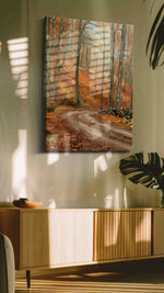 Whispering Autumn Pathway II landscape canvas print in a hung canvas mockup