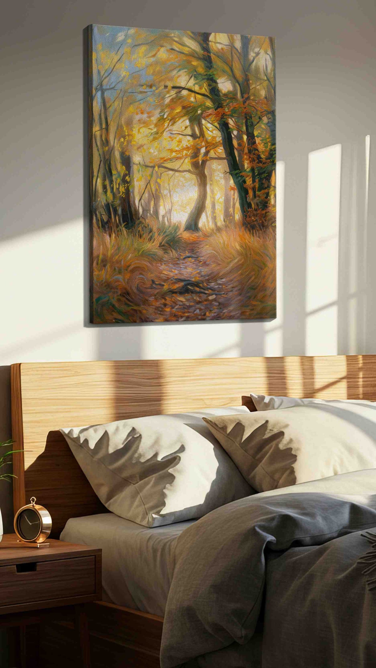 Whispering Autumn Pathway III landscape canvas print, displayed in a bedroom
