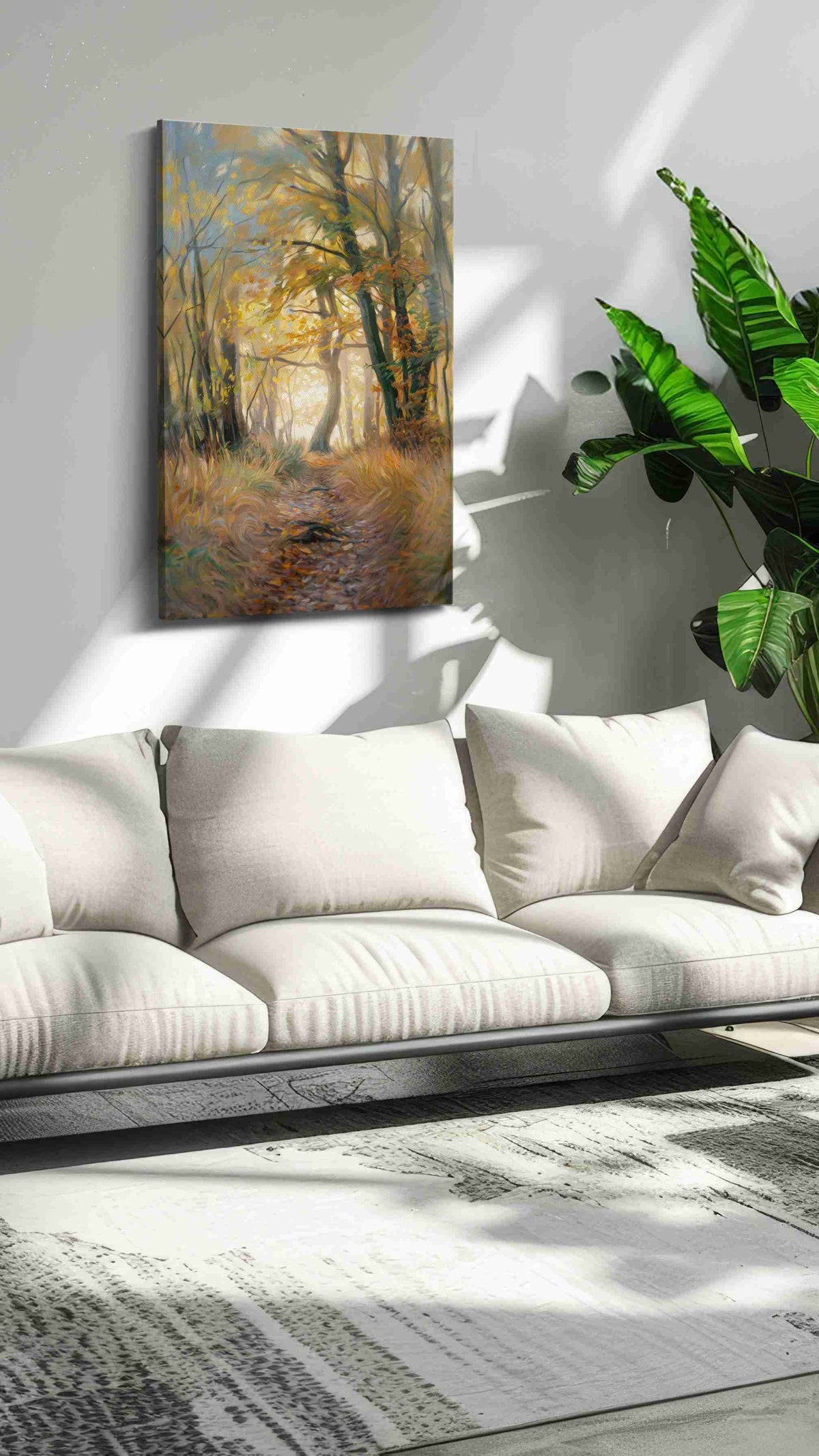 Whispering Autumn Pathway III landscape canvas print in a hung canvas mockup