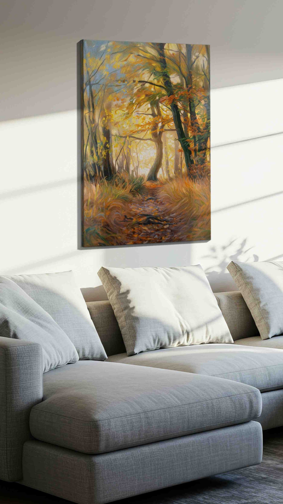 Whispering Autumn Pathway IV landscape canvas print, displayed in a living room