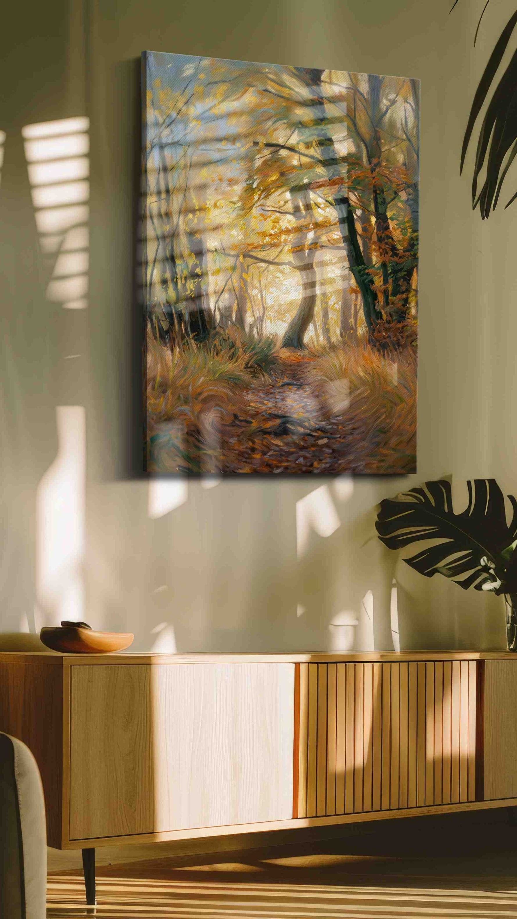 Whispering Autumn Pathway IV landscape canvas print in a hung canvas mockup