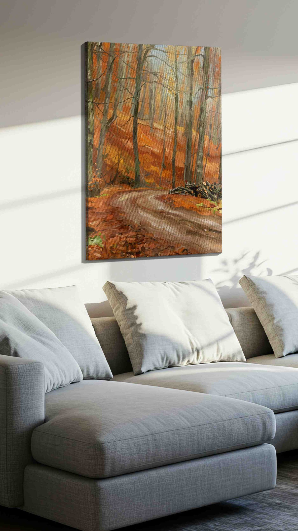 Whispering Autumn Trails landscape canvas print, displayed in a living room