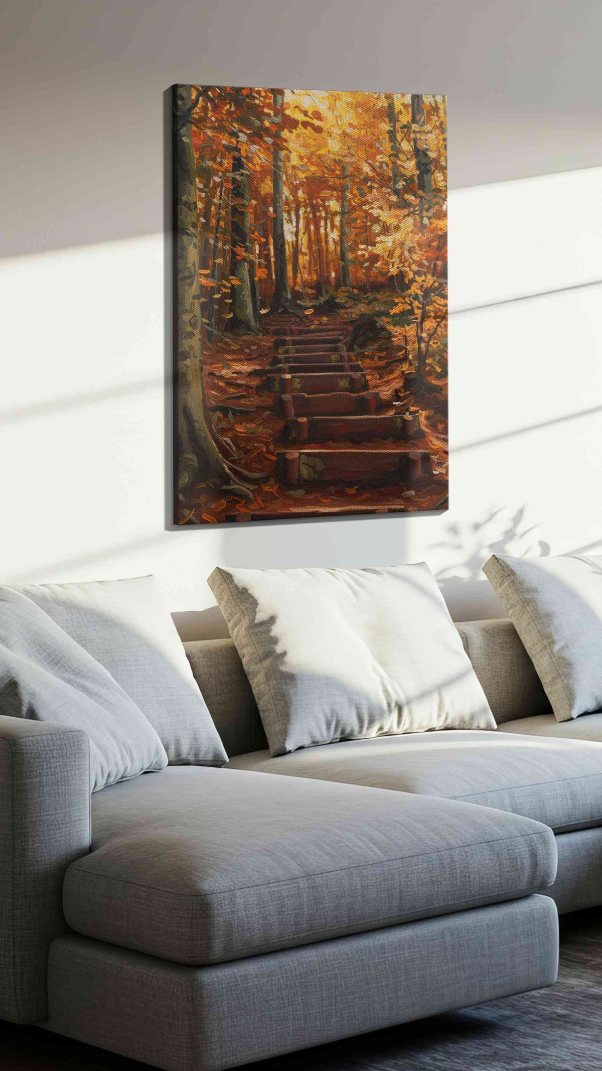 Whispers of Autumn Path landscape canvas print, displayed in a living room