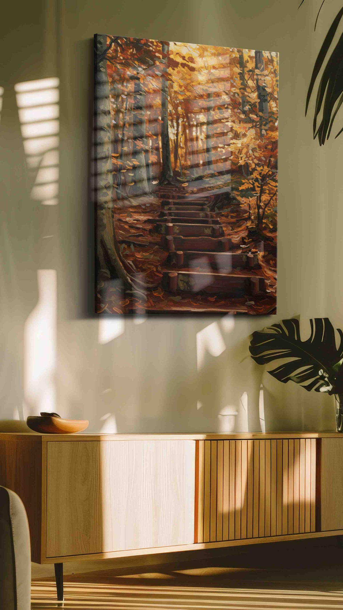 Whispers of Autumn Path landscape canvas print in a hung canvas mockup