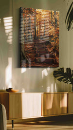 Whispers of Autumn Path landscape canvas print in a hung canvas mockup