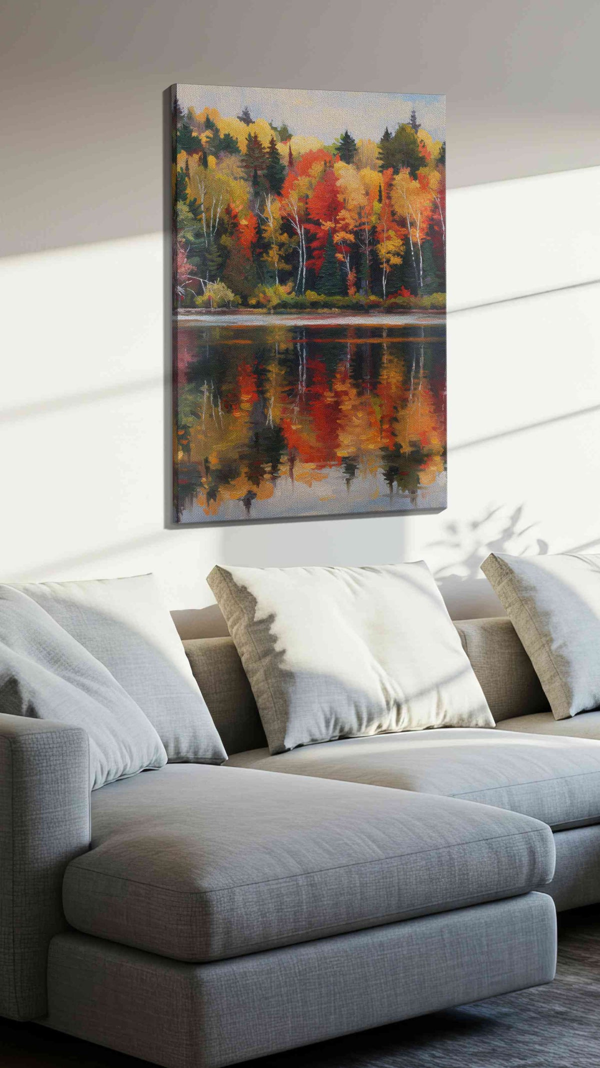 Whispers of Autumn Reflection landscape canvas print, displayed in a living room