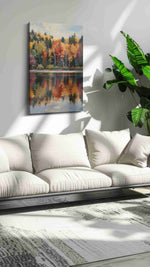 Whispers of Autumn Reflection landscape canvas print, hanging on wall
