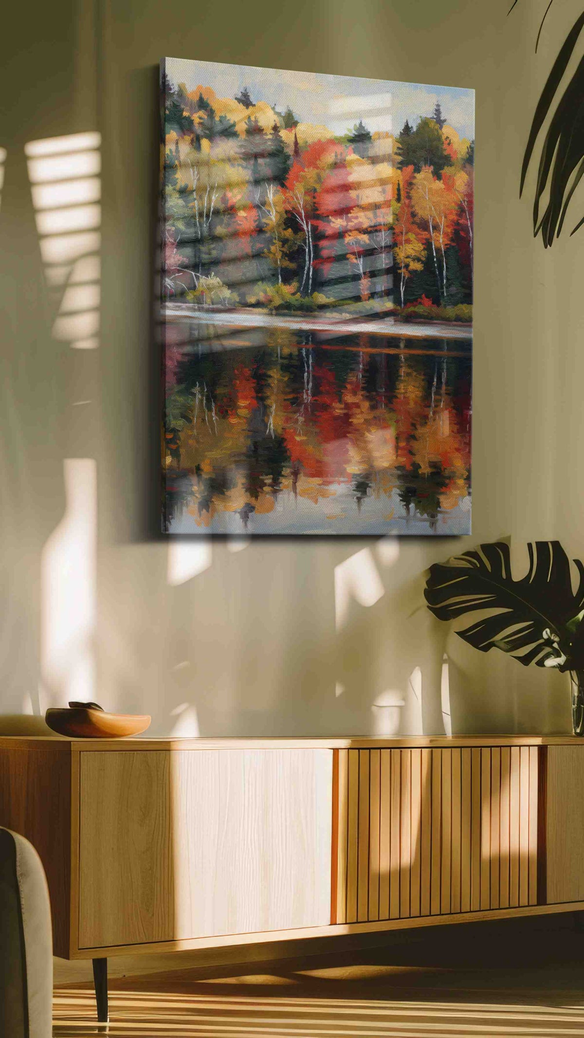 Whispers of Autumn Reflection landscape canvas print in a hung canvas mockup