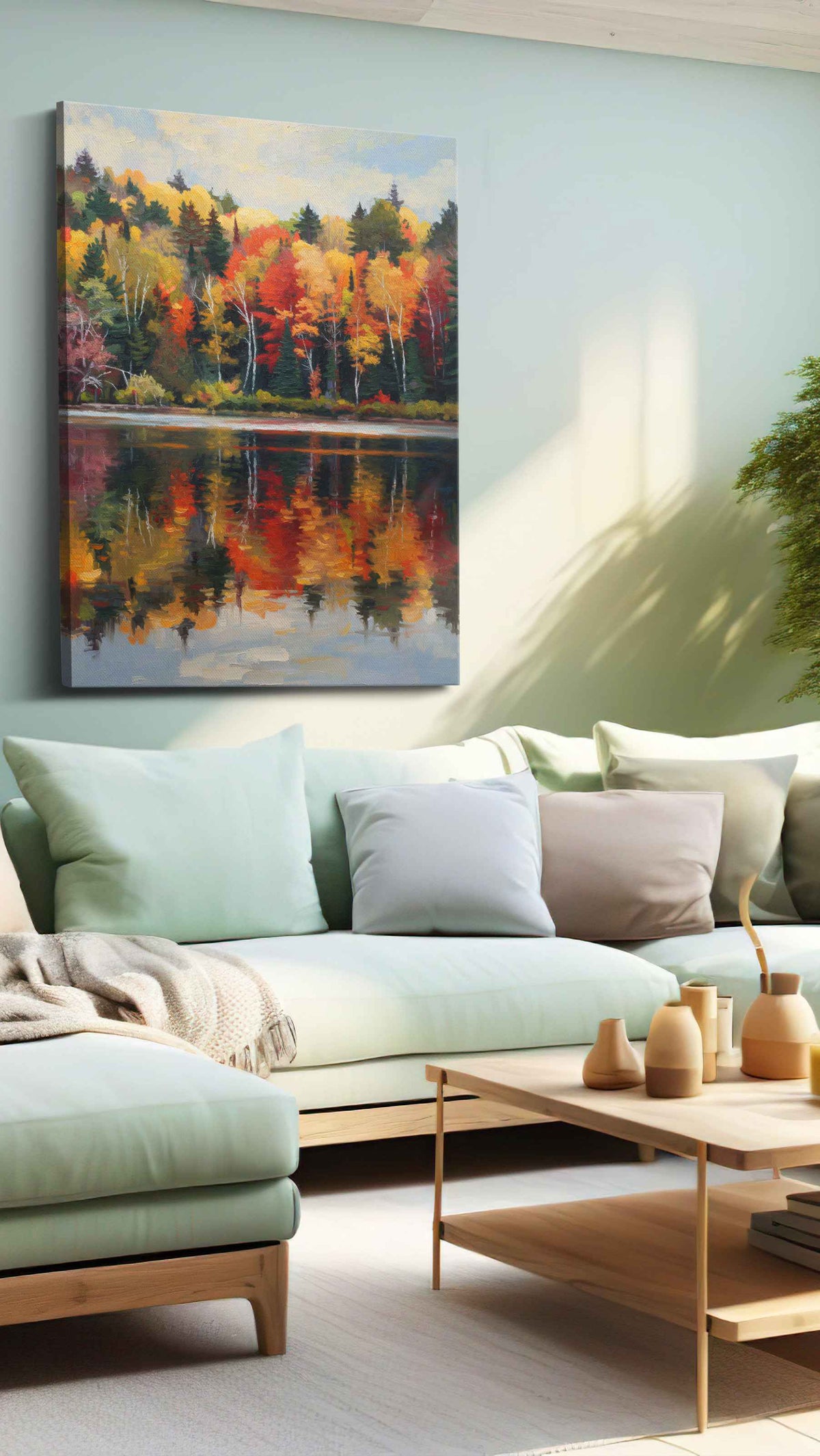 Whispers of Autumn Reflection landscape canvas print shown in a wall scene