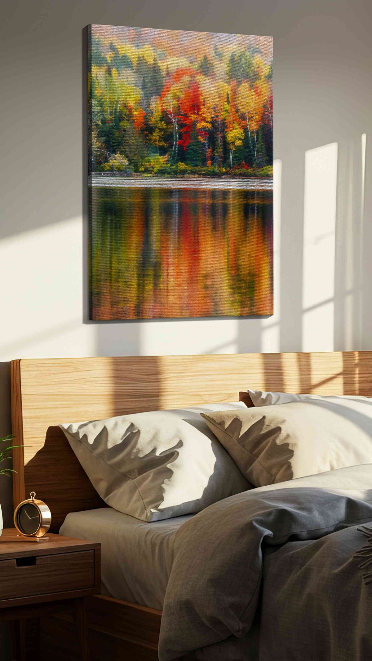 Whispers of Autumn Reflections landscape canvas print, displayed in a bedroom