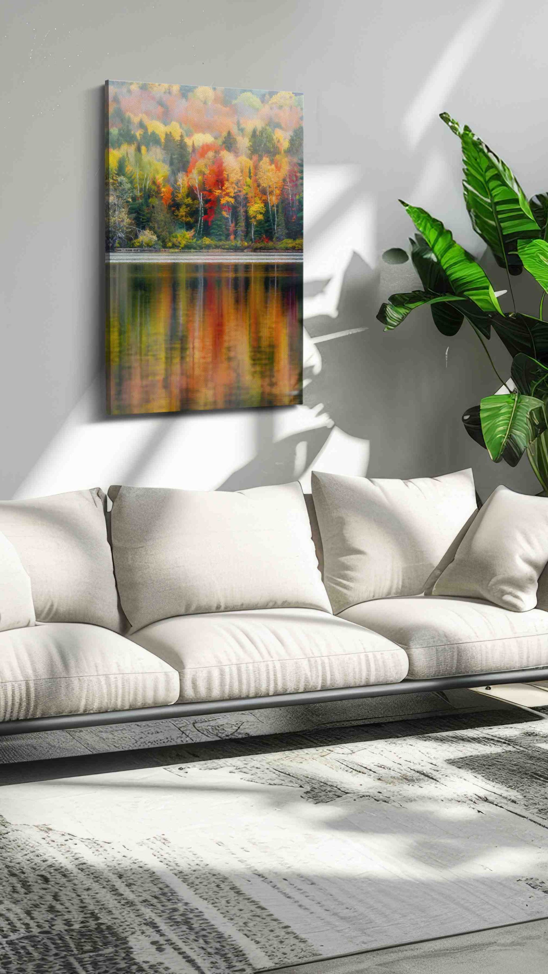 Whispers of Autumn Reflections landscape canvas print in a hung canvas mockup