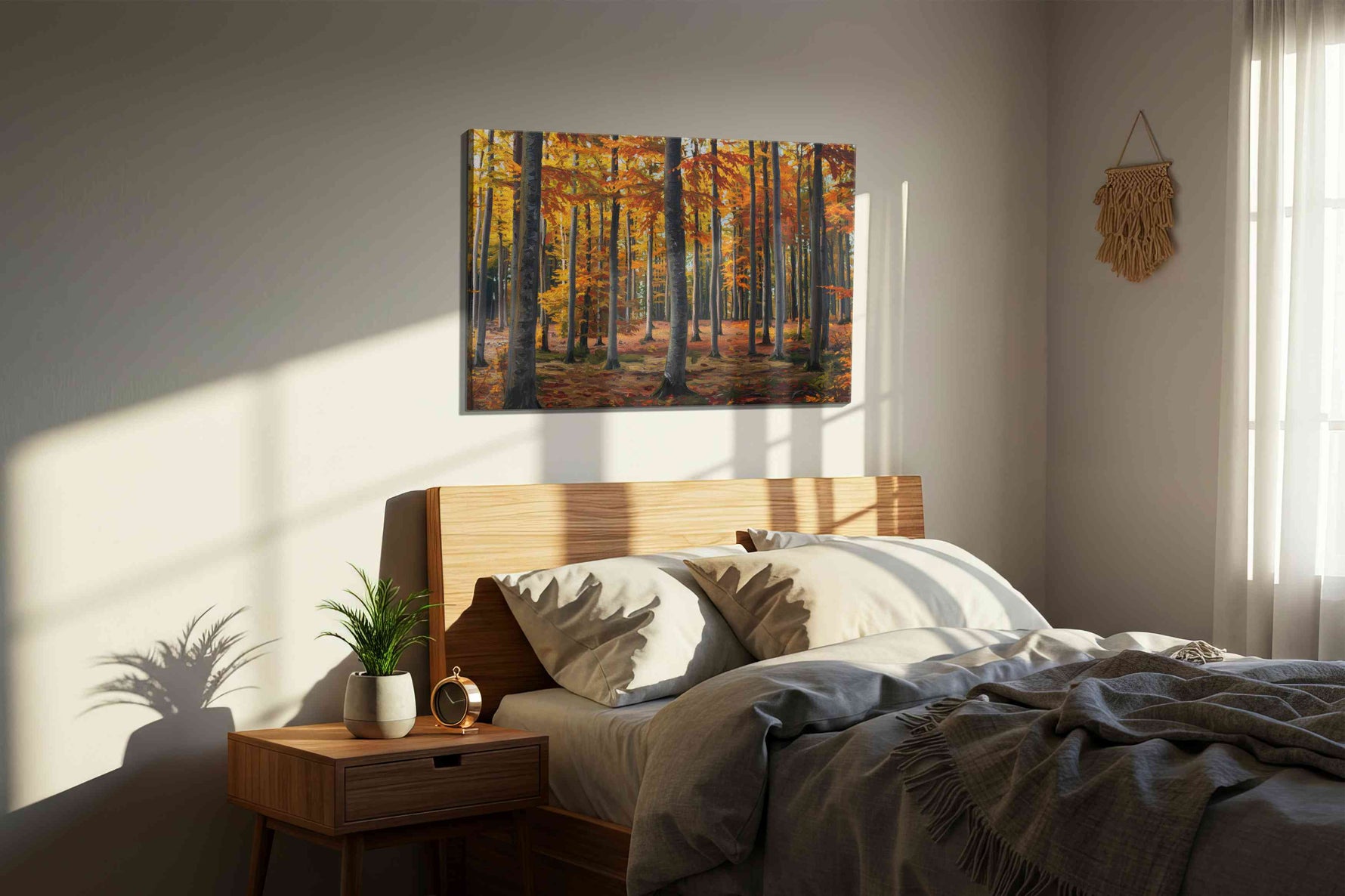 Whispers of Autumn Serenity autumn canvas print, displayed in a bedroom