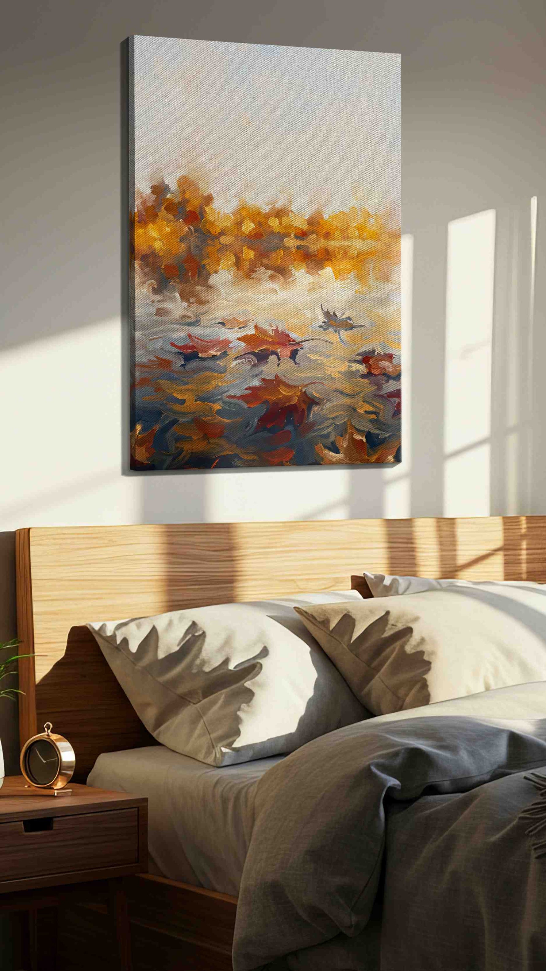 Whispers of Autumn Waters landscape canvas print, displayed in a bedroom