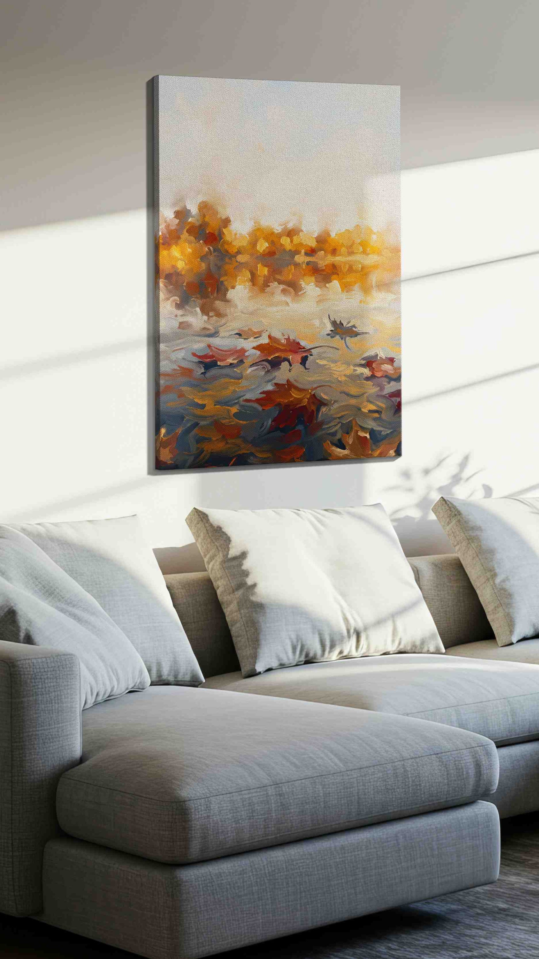 Whispers of Autumn Waters landscape canvas print, displayed in a living room