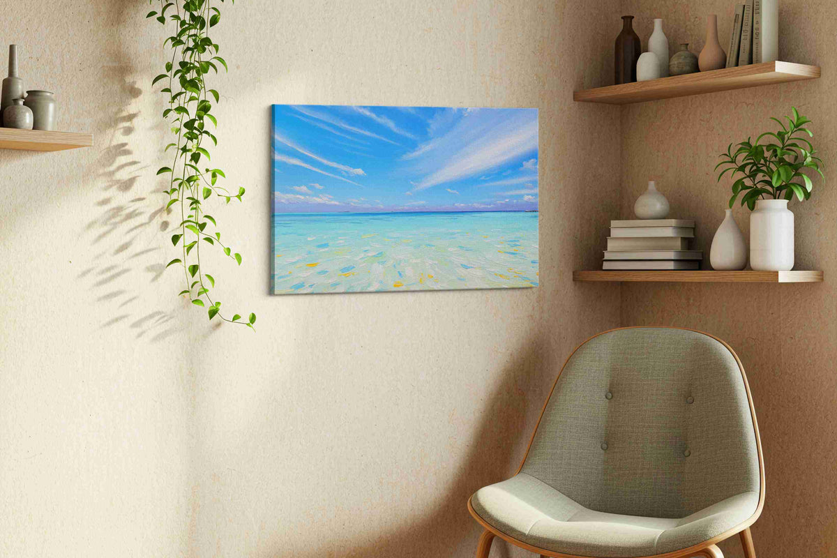 Azure Tranquility beach canvas print, displayed in a living room
