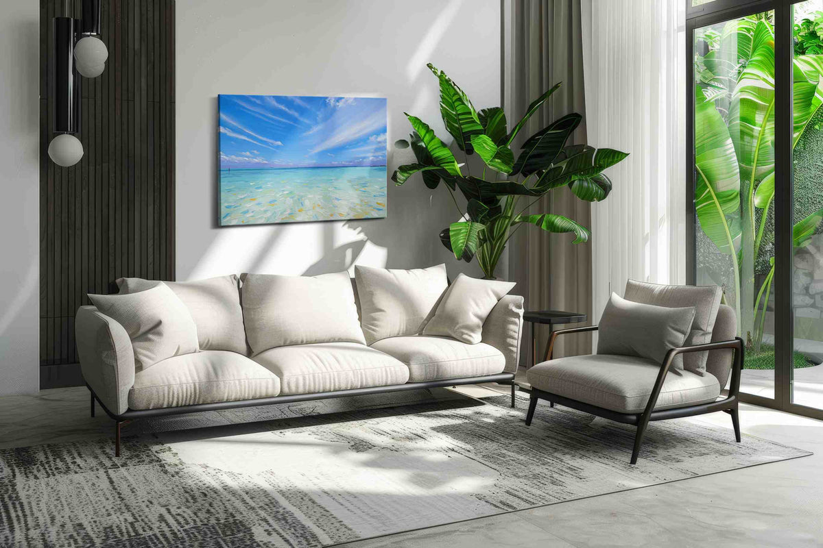 Azure Tranquility beach canvas print in a modern interior mockup