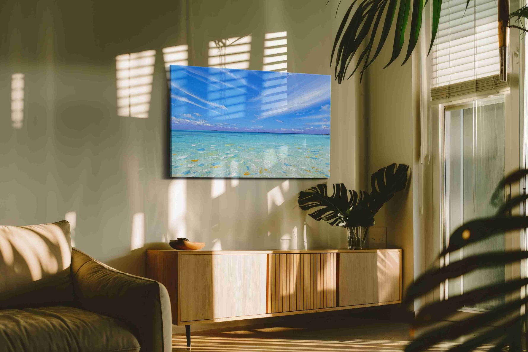 Azure Tranquility beach canvas print, on wall, lifestyle preview