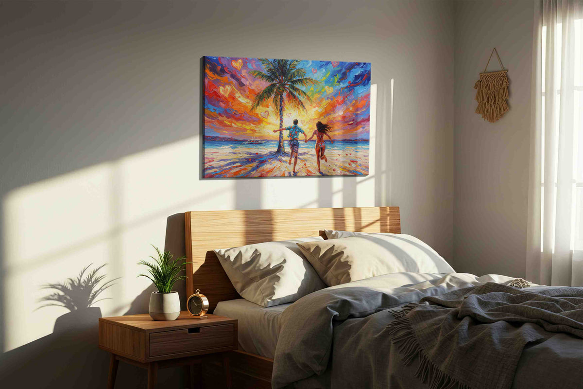 Chasing Sunlit Dreams romance canvas print, displayed in a bedroom