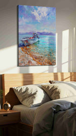 Dreamy Shorescape Serenity beach canvas print, displayed in a bedroom
