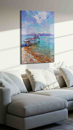 Dreamy Shorescape Serenity beach canvas print, displayed in a living room