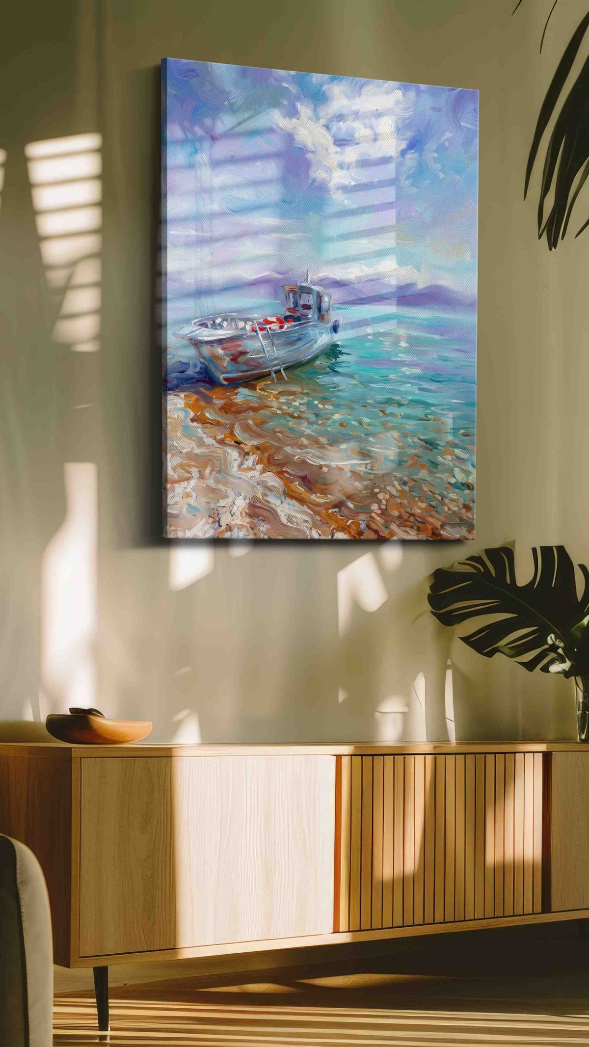 Dreamy Shorescape Serenity beach canvas print in a hung canvas mockup