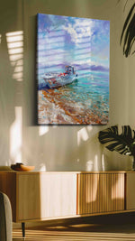 Dreamy Shorescape Serenity beach canvas print in a hung canvas mockup