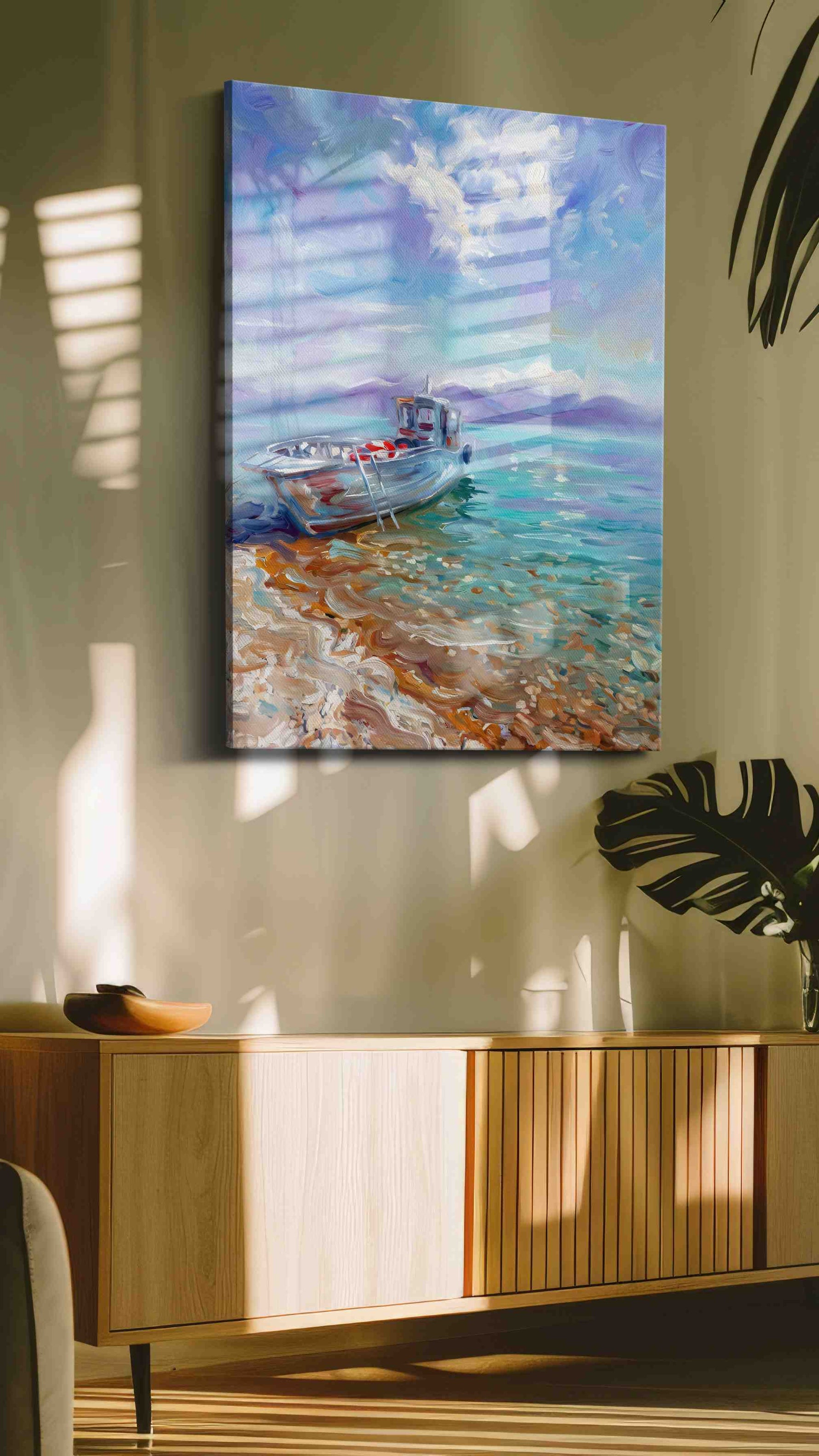 Dreamy Shorescape Serenity beach canvas print in a hung canvas mockup