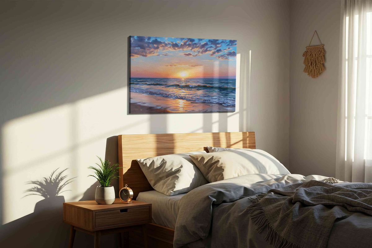 Eternal Sunset Symphony beach canvas print, displayed in a bedroom