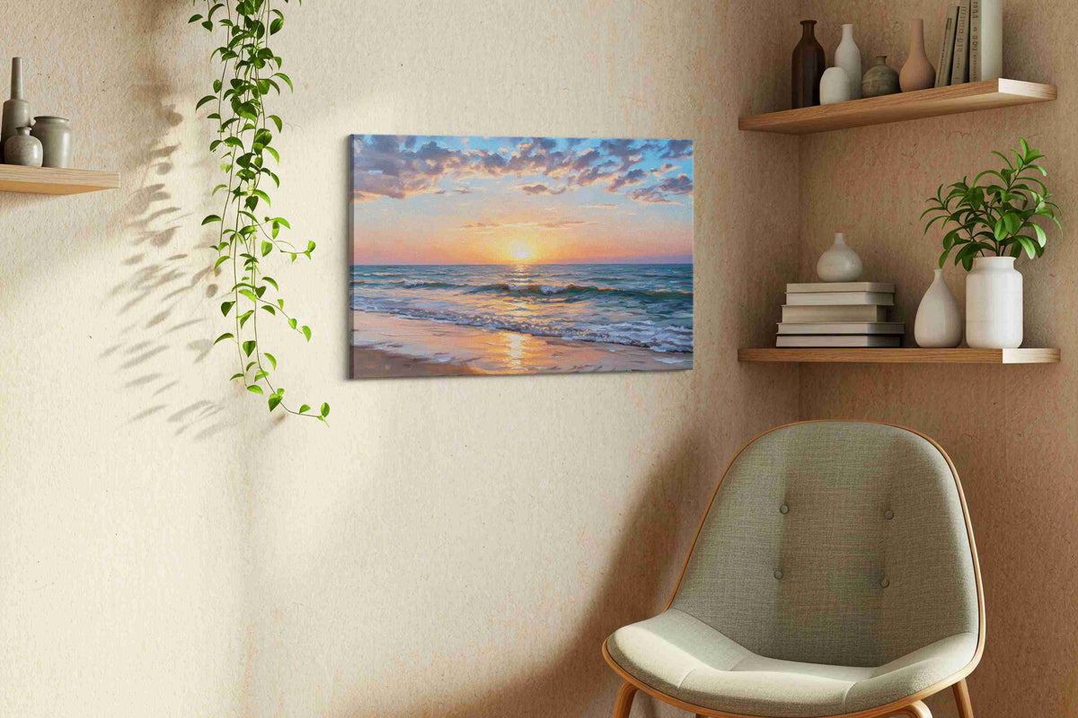 Eternal Sunset Symphony beach canvas print, displayed in a living room