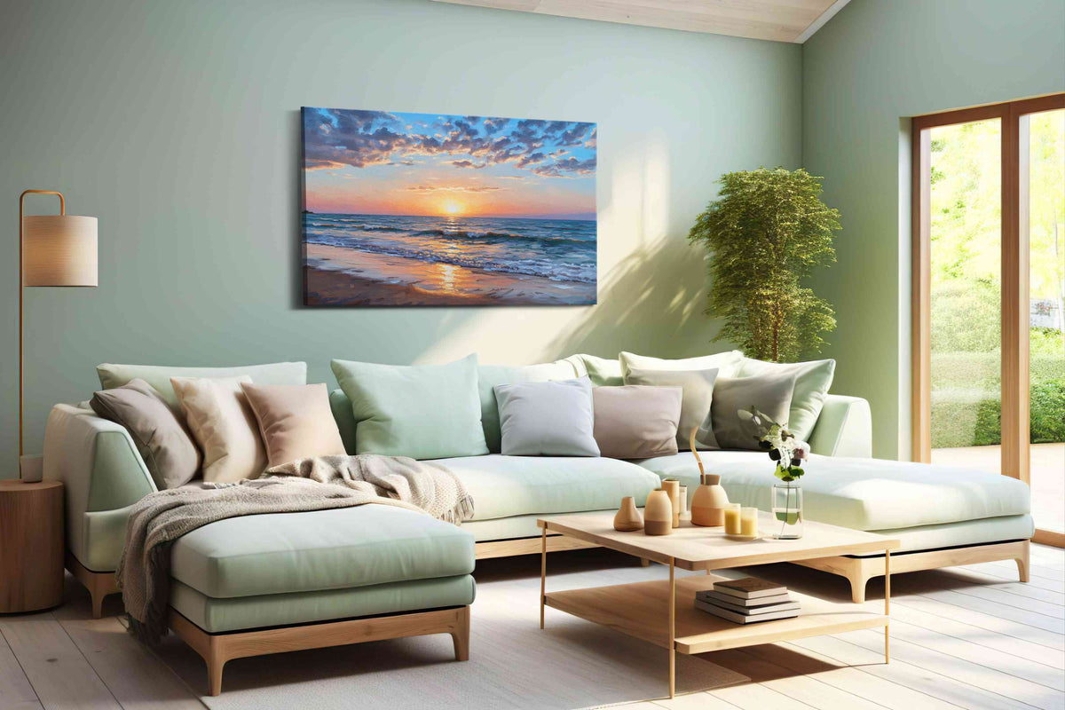 Eternal Sunset Symphony beach canvas print, hanging on wall