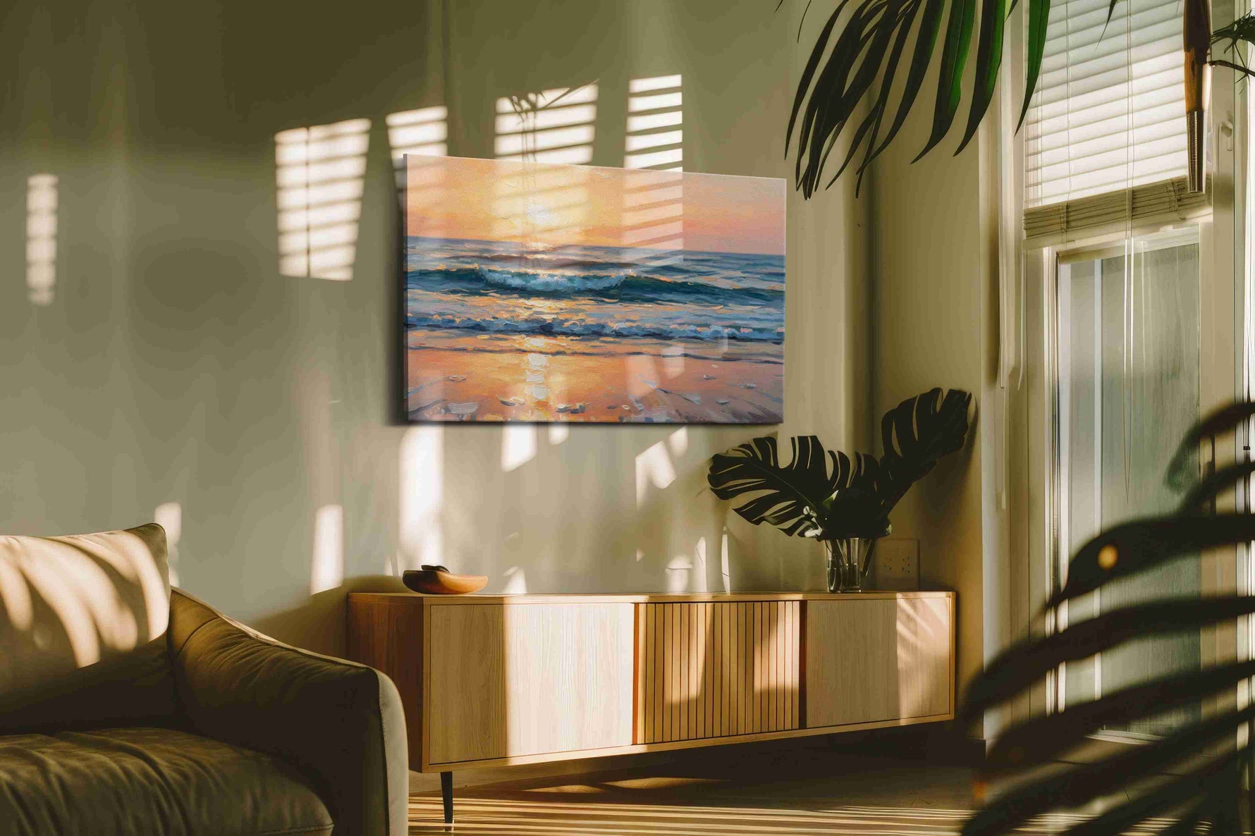 Eternal Sunset Waves beach canvas print, on wall, lifestyle preview