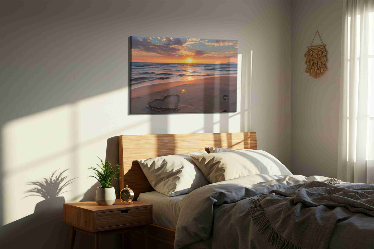 Eternal Sunset Whispers beach canvas print, displayed in a bedroom