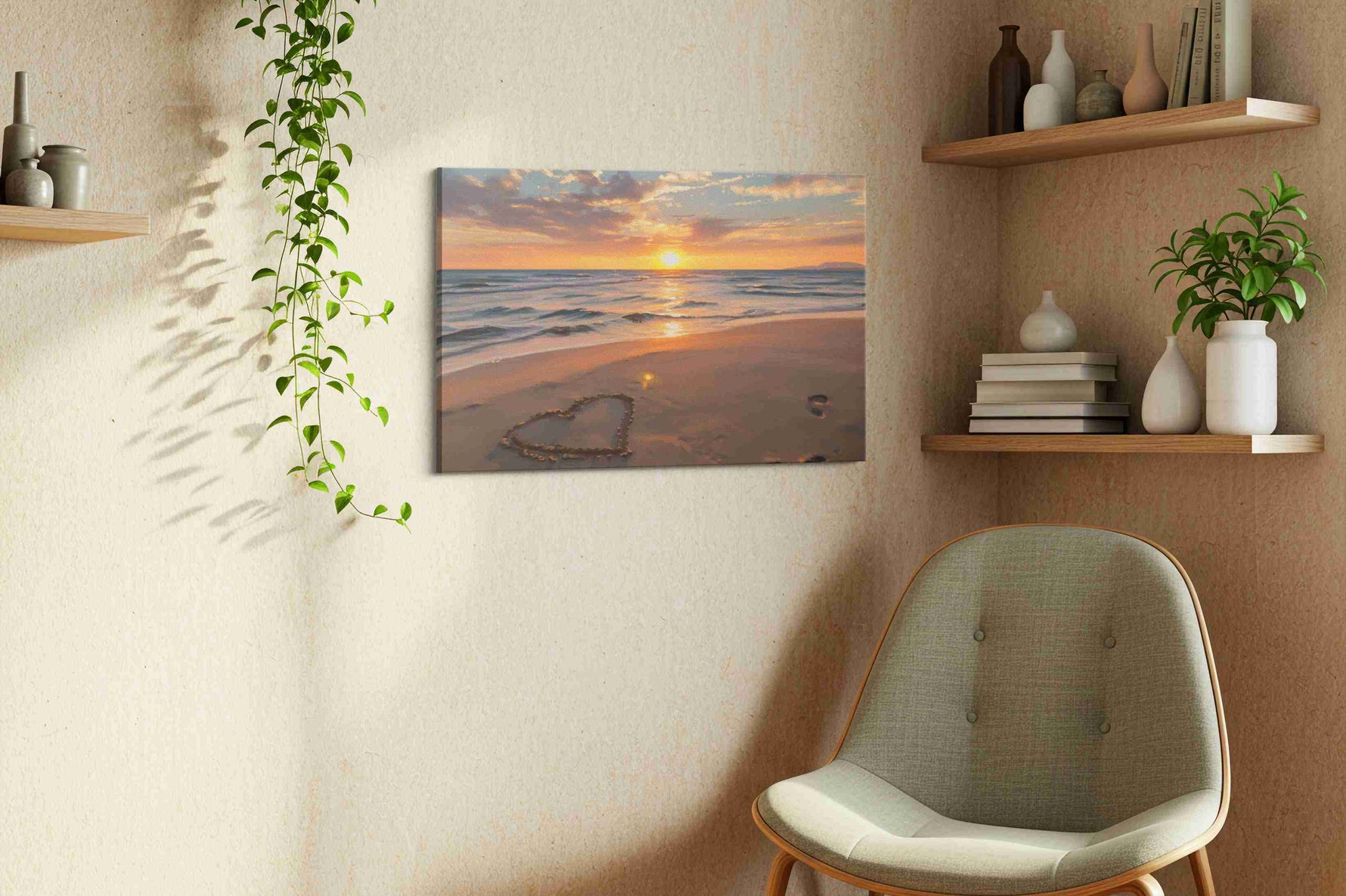 Eternal Sunset Whispers beach canvas print, displayed in a living room