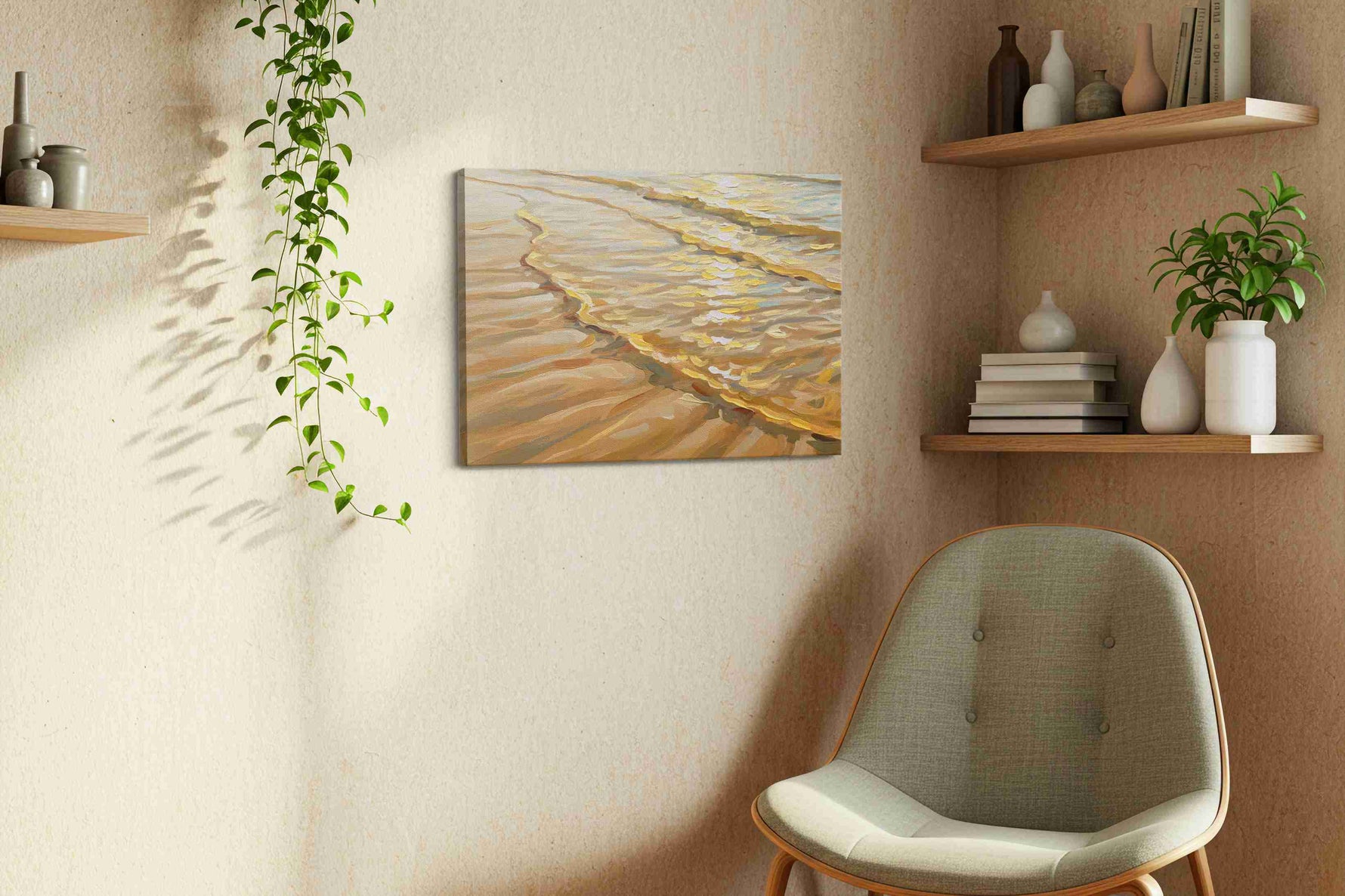 Golden Tides of Serenity beach canvas print, displayed in a living room