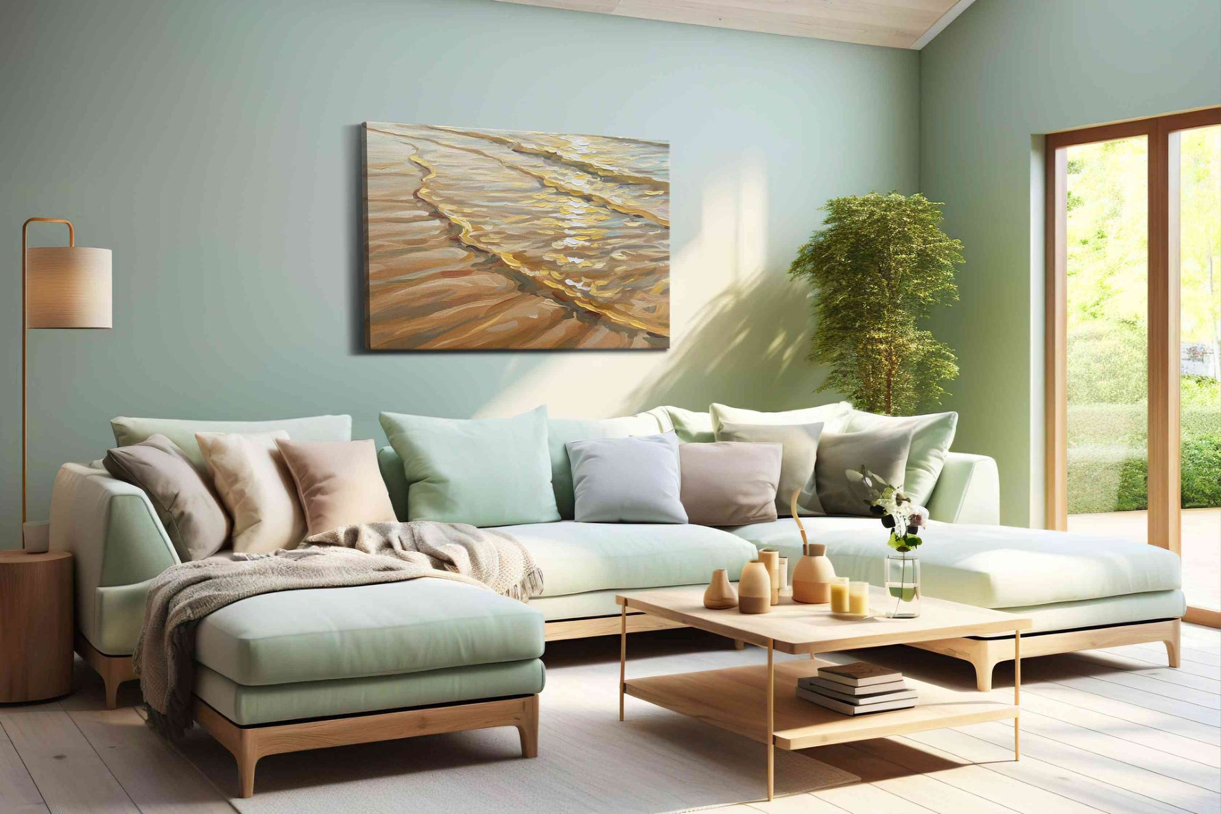 Golden Tides of Serenity beach canvas print, hanging on wall