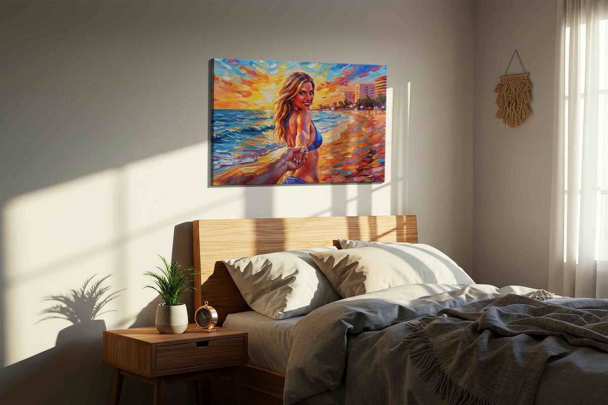 Guiding Sunlit Shores romance canvas print, displayed in a bedroom