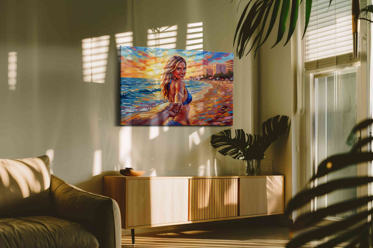 Guiding Sunlit Shores romance canvas print in a contemporary interior mockup