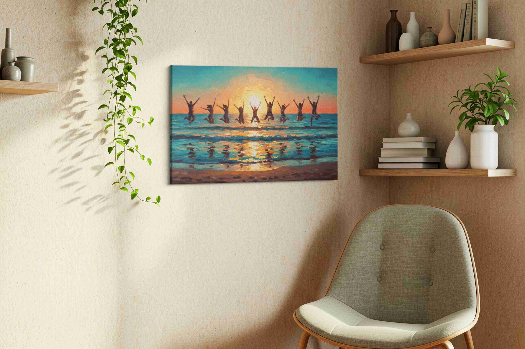 Joyful Sunset Jubilation beach canvas print, displayed in a living room