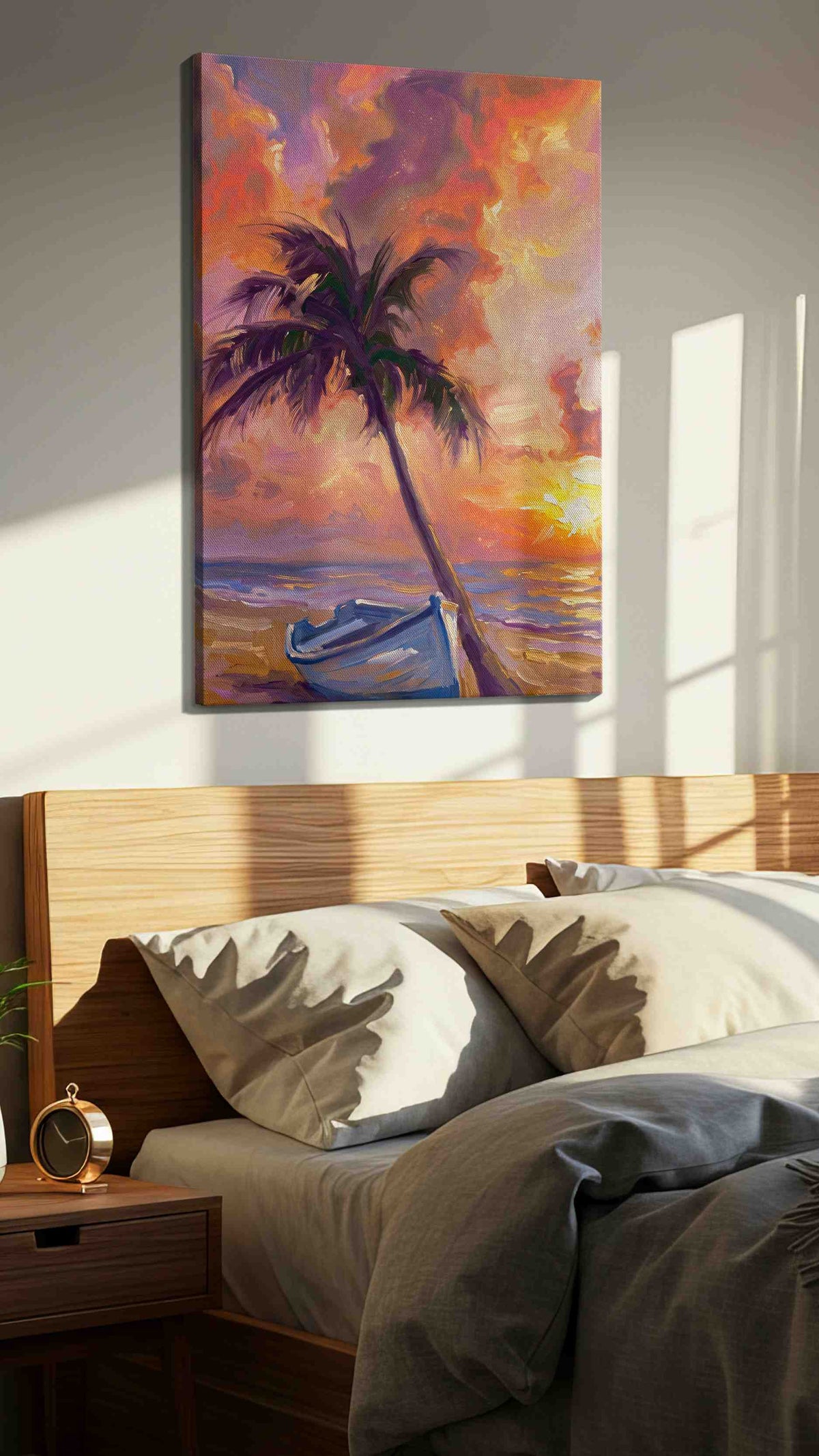 Serenade of Sunset Shores beach canvas print, displayed in a bedroom