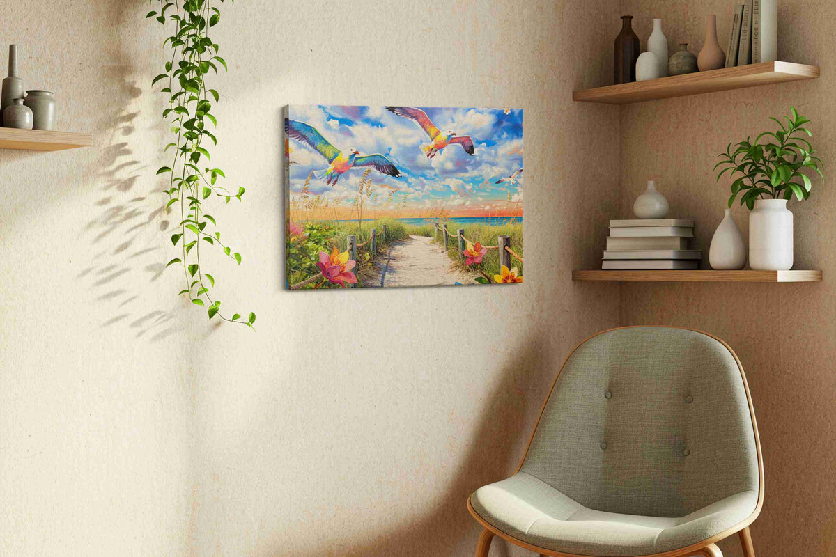 Serenade of the Coastal Skies birds canvas print, hanging on wall — view 2
