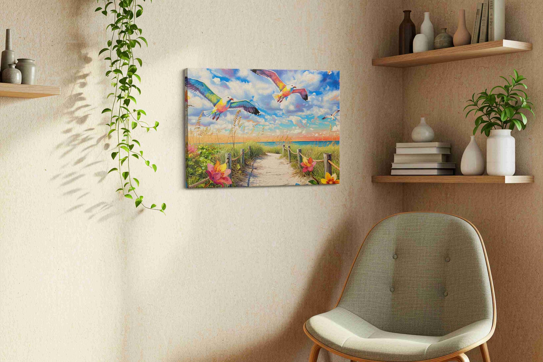 Serenade of the Coastal Skies birds canvas print, hanging on wall — view 2