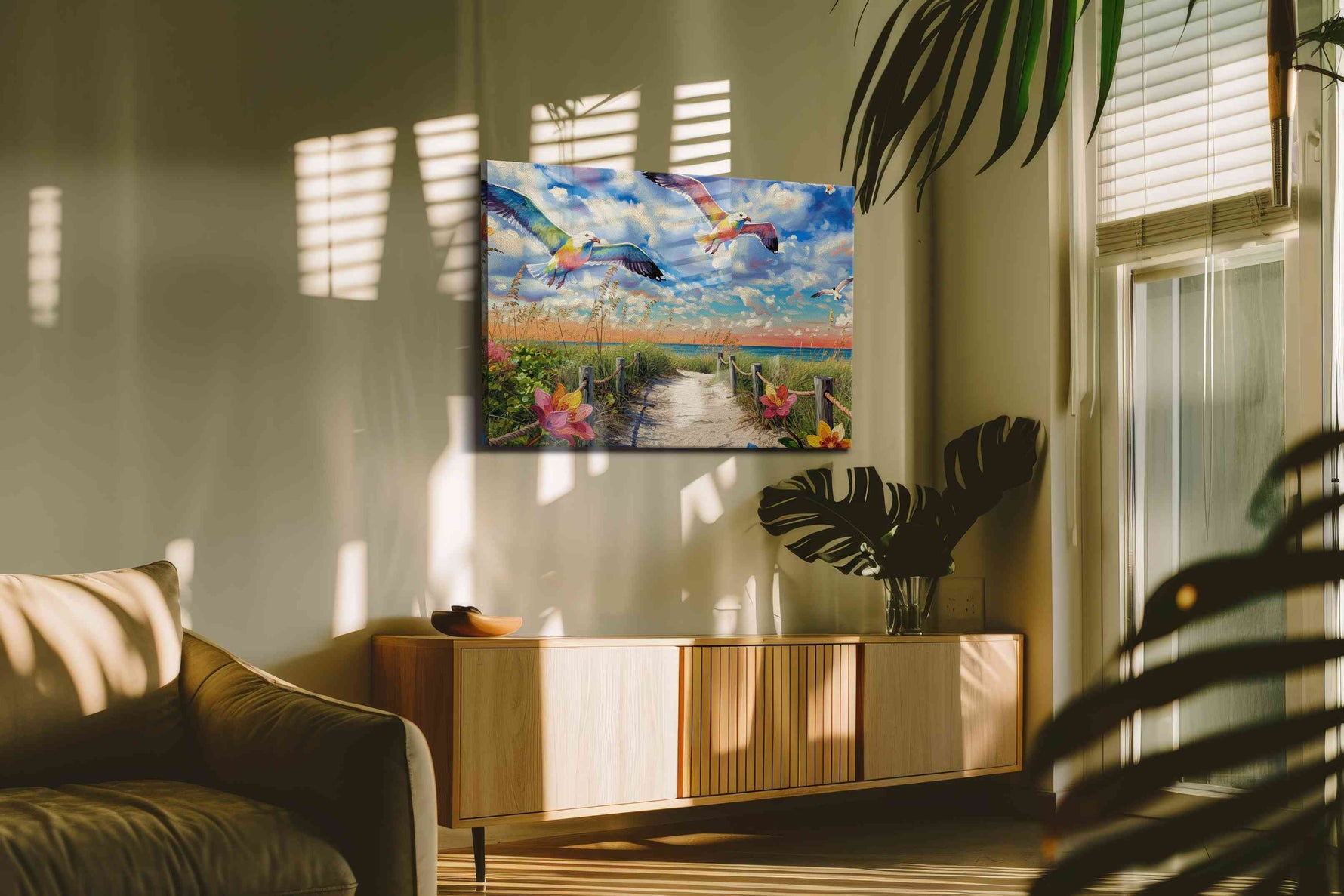 Serenade of the Coastal Skies birds canvas print, hanging on wall