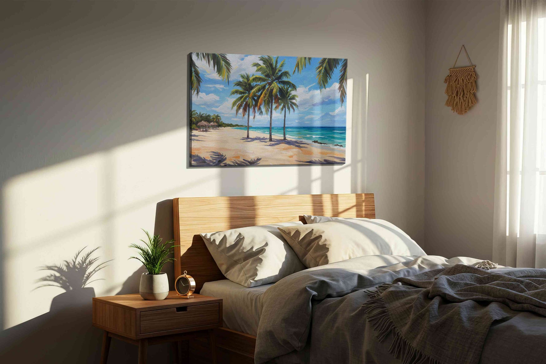 Serene Sands of Paradise beach canvas print, displayed in a bedroom